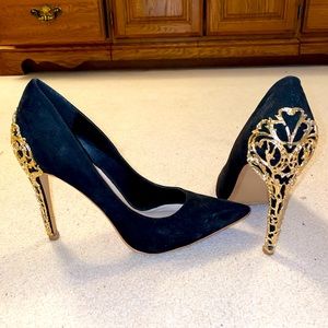 Black Suede Pumps with Gold Heel Detail